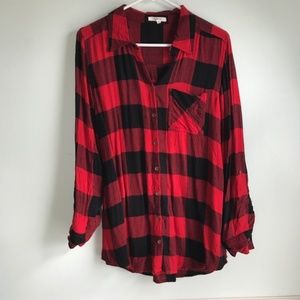 Maurices Red Black Plaid Button Down Tunic Medium